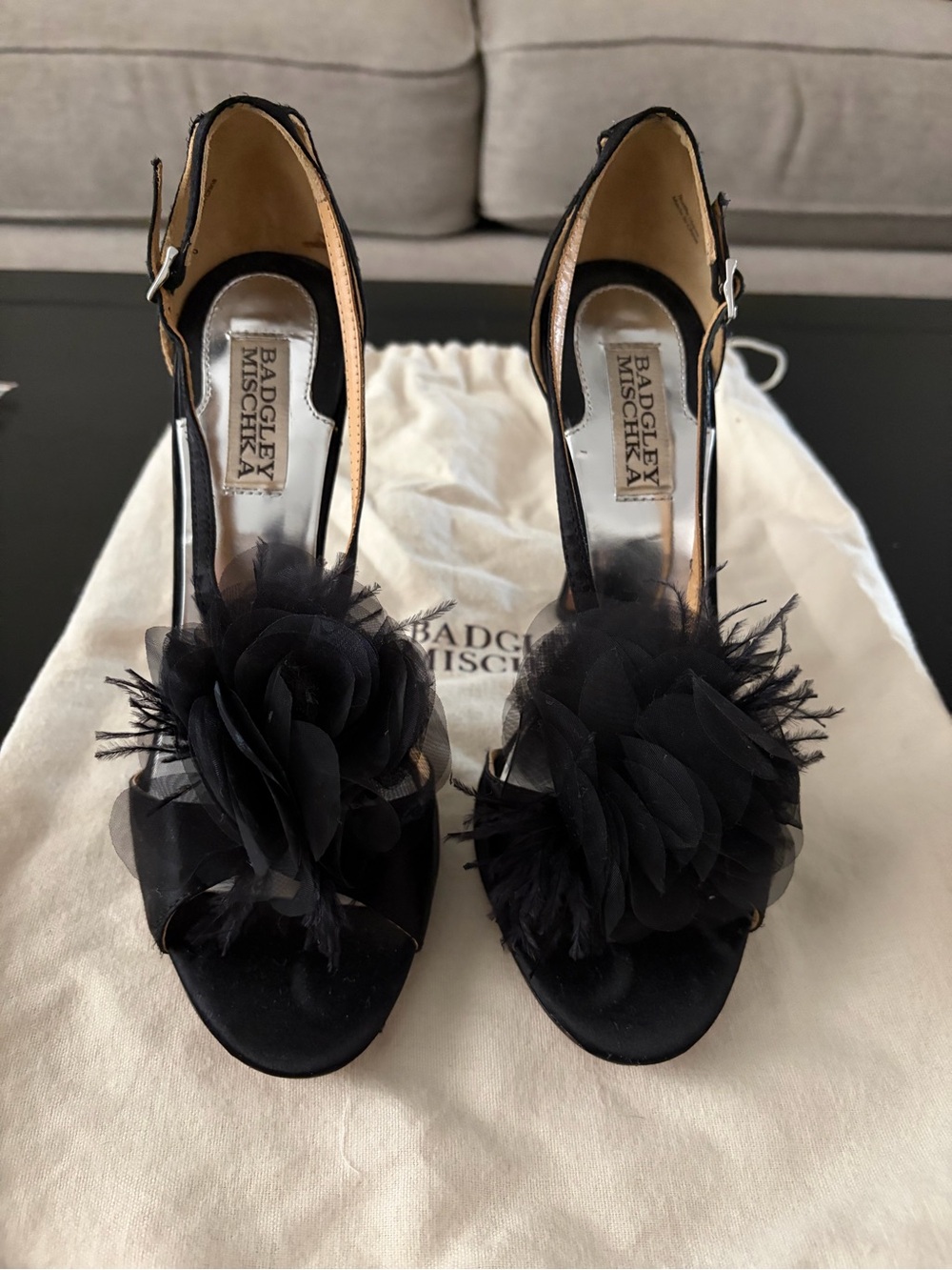 Badgley Mischka Black Satin Floral Tulle  Heels